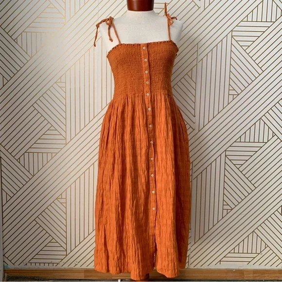 Aerie NWT Smocked Button front up Midi Dress crinkled cinched bow shoulder strap - Picture 9 of 9